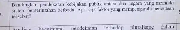 Bandingkan pendekatan kebijakan publik antara dua memiliki sistem pemerintahan berbeda. Apa saja faktor yang mempengaruhi perbedaan tersebut? Analisis bagaimana pendekatan terhadap pluralisme dalam square