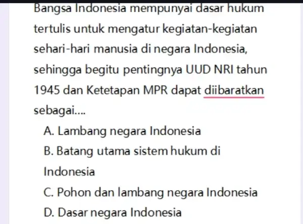 Bangsa Indonesia mempunyai dasar hukum tertulis untuk mengatur kegiatan-kegiatan sehari-hari manusia di negara Indonesia, sehingga begitu pentingnya UUD NRI tahun 1945 dan Ketetapan MPR