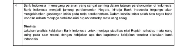 Bank Indonesia memegang peranan penting dalam tatanan perekonomian di Indonesia Bank Indonesia menjadi jantung perekonomian Negara, kinerja Bank Indonesia tergangu akan mengakibatkan guncangan krisis