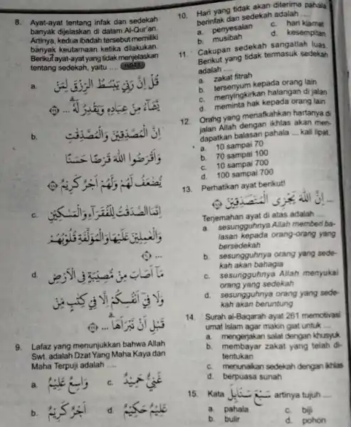 banyak dijelaskan di dalam Al-Qur'an Artinya, kedua ibadah tersebut memiliki banyak keutamaan ketika dilakukan. Berikut ayat-ayatyang tidak menjelaskan tentang sedekah, yaitu __ (HOTS a.