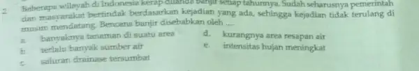 Beberapa wilayah di Indonesia kerap dilanda banjur setiap tahunnya . Sudah seharusnya pemerintah dan masyarakat bertindak berdasarkan kejadian yang ada sehingga kejadian tidak terulang