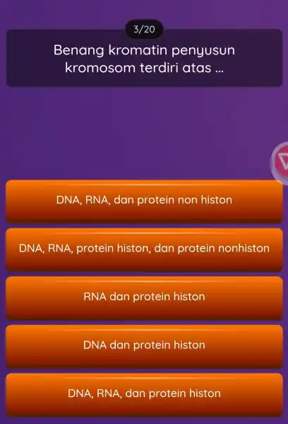 Benang kromatin penyusun kromosom terdiri atas ... DNA, RNA , dan protein non histon DNA, RNA , protein histon, dan protein nonhiston RNA dan