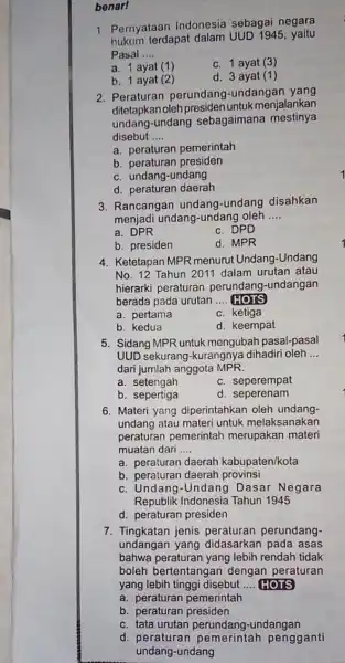 benarl 1 Pernyataan Indonesia sebagai negara terdapat dalam UUD 1945 yaitu Pasal __ a. 1 ayat (1) c. 1 ayat (3) b. 1 ayat