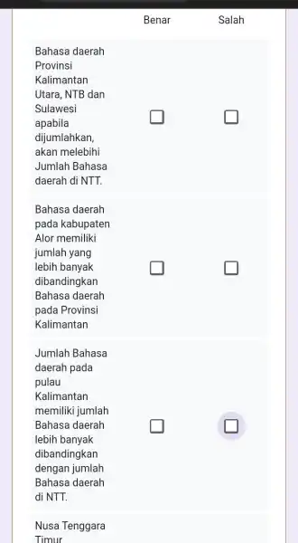 Benar Salah Bahasa daerah Provinsi Kalimantan Utara, NTB dan Sulawesi apabila square square dijumlahkan, akan melebihi Jumlah Bahasa daerah di NTT. Bahasa daerah pada