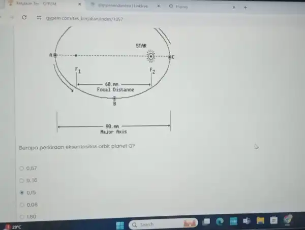 Berapa perkiraan eksentrisitas tas orbit planet Q? 0,67 0,16 0,15 0,06 1,60