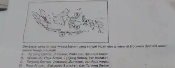 Berdasar peta di atas wisata bahari yang sangat indah dan terkenal di Indonesia menurut urutan nomor tesebut adalah __ A. Tanjung Benoa Bunaken, Wakatobi,