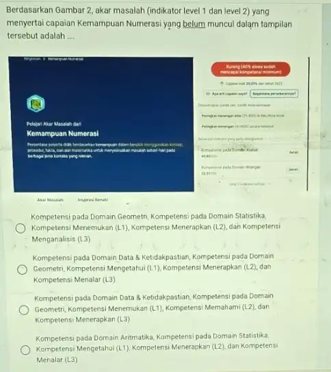 Berdasarkan Gambar 2, akar masalah (indikator level 1 dan level 2) yang menyertai capaian Kemampuan Numerasi yạng belum muncul dalam tampilan tersebut adalah.... Akar