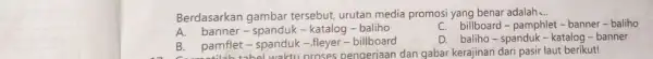 Berdasarkan gambar tersebut, urutan media promosi yang benar adalah __ A. banner-katalog - baliho C. bilboard-pamphlet-banner - baliho B.pamflet - spanduk billboard D. baliho-spanduk-katalog