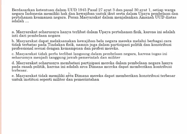 Berdasarkan ketentuan dalam UUD 1915 Pasal 27 ayat 3 dan pasal 30 ayat 1, setiap warga negara Indonesia memiliki hak dan untuk ikut serta