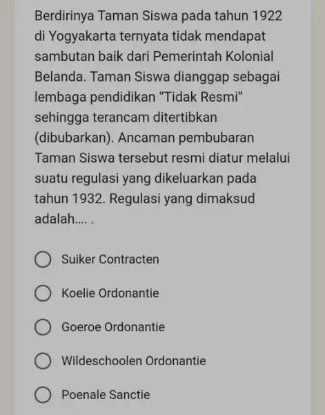 Berdirinya Taman Siswa pada tahun 1922 di Yogyakarta ternyata tidak mendapat sambutan baik dari Pemerintah Kolonial Belanda. Taman Siswa dianggap sebagai lembaga pendidikan "Tidak