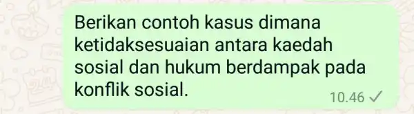 Berikan contoh kasus dimana ketidaksesuaiar antara kaedah sosial dan hukum berdampak pada konflik sosial.