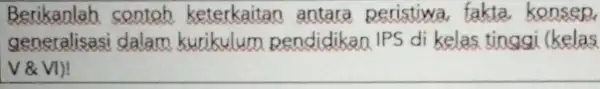 Berikanlah contoh keterkaitan antaca peristiwa, fakta kensep generalisasi dalam kurikulum pendidikan IPS di kelas tinggi (kelas V &VI)