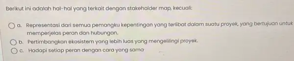 Berikut ini adalah hal-hal yang terkait dengan stakeholder map, kecuali: a. Representasi dari semua pemangku kepentingan yang terlibat dalam suatu proyek,yang bertujuan untuk memperjelas