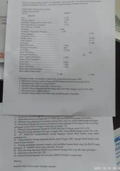 Berikut ini adalub diftar saldo PT AGUNG gada I Desember 20X1. Perusahaman ini bergerak dalim bidang perdagangan husit bumi Perusahaan menyewa tempat di dekat