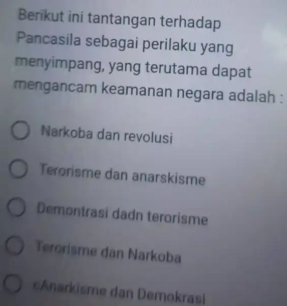 Berikut ini tantangan t erhadap Pancasila s ebag ai perilaku yang menyimp ang, yan g ter utama dapat menganca m keama nan n e