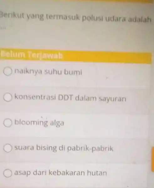 Berikut yang termasuk polusi udara adalah Belum Terjawab naiknya suhu bumi konsentrasi DDT dalam sayuran blooming alga suara bising di pabrik-pabrik