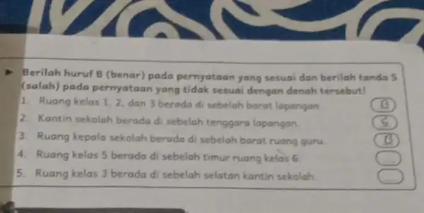 Berilah huruf B (benar) pada pernyataan yang sesuai dan berilah tanda S (salah) pada pernyataan yang tidak sesuai dengan denah tersebut! 1. Ruang kelas