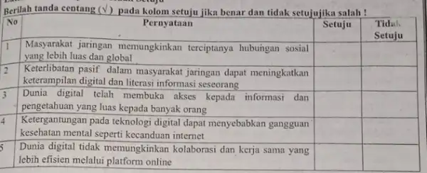 Berilah tanda centang (sqrt( )) pada kolom setuju jika benar dan tidak setujujika salah! No & Pernyataan & Setuju & }(l) Tidak Setuju 1