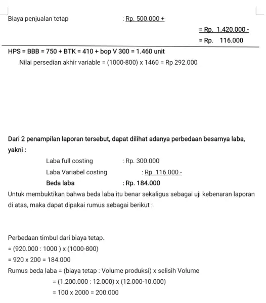 Biaya penjualan tetap HPS=BBB=750+BTK=410+bopV300=1.460unit Nilaipersedian akhir variable=(1000-800)times 1460=Rp292.000 Dari 2 penampilan laporan tersebut, dapat dilihat adanya perbedaan besarnya laba, yakni : Laba full costing