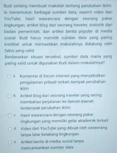 Budi sedang membuat makalah tentang perubahan iklim la menemukan berbagai sumber data, seperti video dari YouTube, hasil wawancara dengan seorang pakar lingkungan, artikel blog