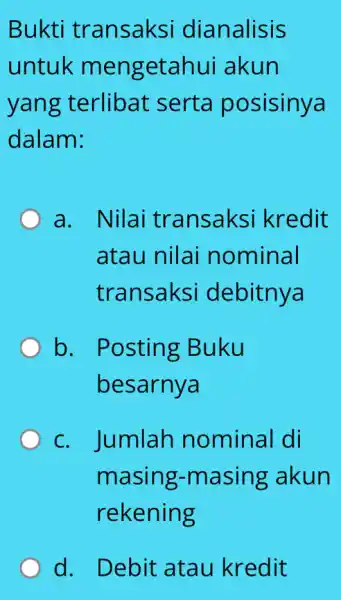 Bukti transaksi dianalisis untuk mengetahui akun yang terlibat serta posisinya dalam: a. Nilai transaksi kredit atau nilai nominal transaksi debitnya b. Posting Buku besarnya