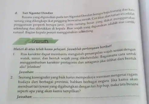 Busana yang digunakan padatan Ngantat Dendan berupakdit kurung dan kain yang-dilengkapi katpinggang-berwamamerah Cinkhasdikat menggunakan penggunaan properti berupa jaras yaitu rantang-nerdigunakan adalah natural. Bagian kepala