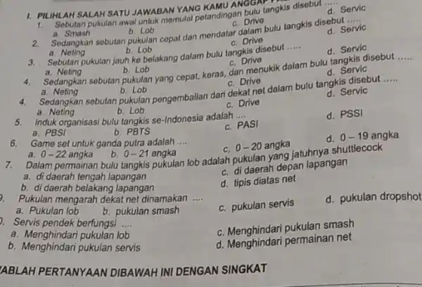 C. Drive __ d. Servic a. Smash b. Lob 2. Sedangkan sebutan pukulan copal dan mendatar dalam bulu tangkis disebut C. Drive 1. PILIHLAH