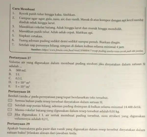 Cara Membuat 1. Kocok putih telur hingga kaku. Sisihkan. 2.Campur agar-agar, gula ,susu, air, dan vanili Masak di atas kompor dengan api kecil sambil