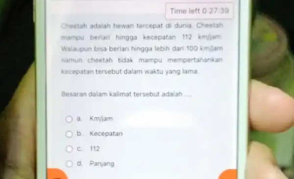 Cheetah adalah hewan tercepat di dunia. Cheetah mampu berlari hingga kecepatan 112km/jam Walaupun bisa berlari hingga lebih dari 100km/jam namun cheetah tidak mampu mempertahankan