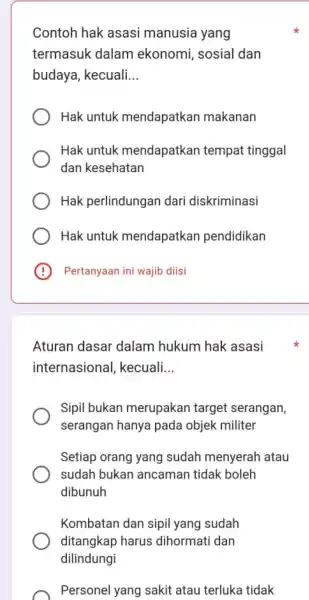 Contoh hak asasi manusia yang termasuk dalam ekonomi sosial dan budaya , kecuali __ Hak untuk mendapatkan makanan Hak untuk mendapatkan tempat tinggal dan