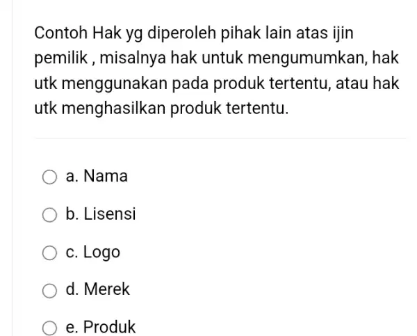 Contoh Hak yg diperoleh pihak lain atas ijin pemilik , misalnya hak untuk mengumumkan , hak utk menggunal kan pada produk tertentu, atau hak