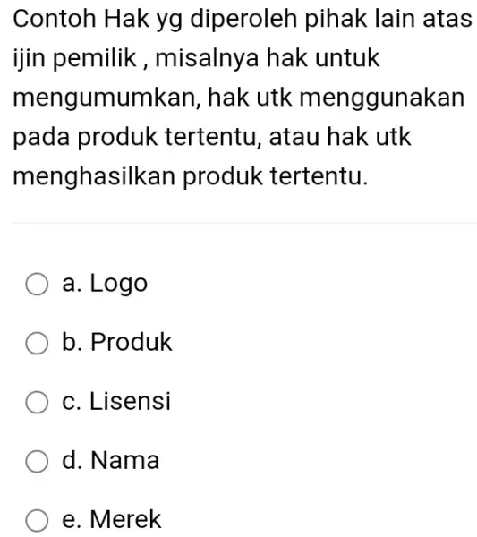 Contoh Hak yg diperoleh pihak lain atas ijin pemilik , misalnya hak untuk mengumumkan , hak utk menggunakan pada produk tertentu, atau hak utk