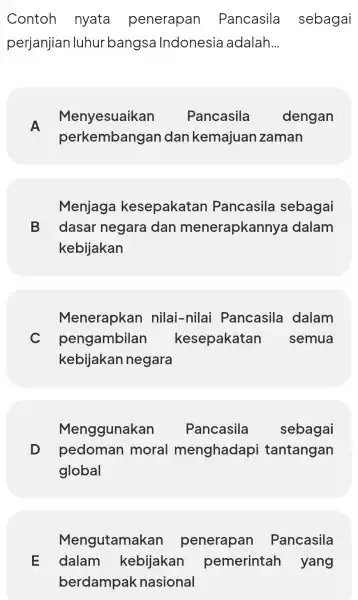 Contoh nyata penerapan Pancasila sebagai perjanjian luhur bangsa Indonesia adalah __ A Menyesuaikar Pancasila dengan perkembang an dan kemajuan zaman Menjaga kesepakatan Pancasila sebagai