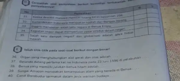 (D) Cermatilah soat pernyataan berikut kemudian tentukantah pernyataannyal No & multicolumn(1)(|c|)( Pernyataan ) & B & S 31. & Ketika dewasa manusia memiliki tulang