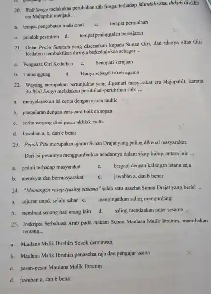 D. gampang money 20. Wali Songo melakukan perubahan alih fungsi terhadap Mandala,atau dukuh di akhir era Majapahit menjadi __ a. tempat pengobatan tradisional tempat