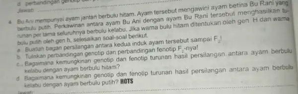 d. perbandingan genoup __ ni ayam betina Bu Rani yang Bu Ani mempunyai jantan berbulu hitam. Ayam berbulu putih Perkawinan antara avam Bu Ani