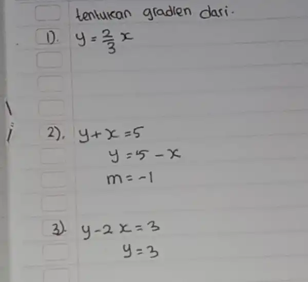 D. y=(2)/(3)x 2). 3). y-2x=3 y=3