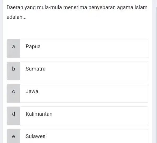 Daerah yang mula-mula menerima penyebaran agama Islam adalah __ a Papua b Sumatra C Jawa d Kalimantan