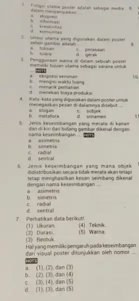 dalam menyampaikan __ 1. Fungsi adalah sebagai media a ekspresi b. informasi c. kreativitas d. komunitas 2. Unsur utama yang digunakan dalam poster selain