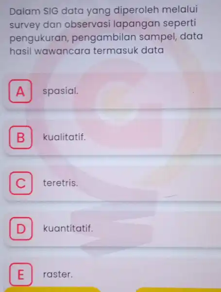 Dalam SIG data yang diperoleh melalui survey dan observasi lapangan seperti pengukuran pengambilc in sampel data hasil wawancara termasuk data A spasial. A B