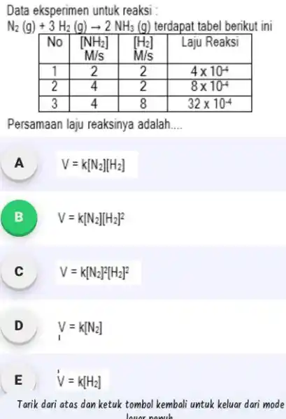 Data eksperimen untuk reaksi : mathrm(N)_(2)(mathrm(~g))+3 mathrm(H)_(2)(mathrm(~g)) arrow 2 mathrm(NH)_(3)(mathrm(~g)) terdapat tabel berikut ini No & }(c) ( [mathrm(NH)_(2)] ) mathrm(M) / mathrm(s) &