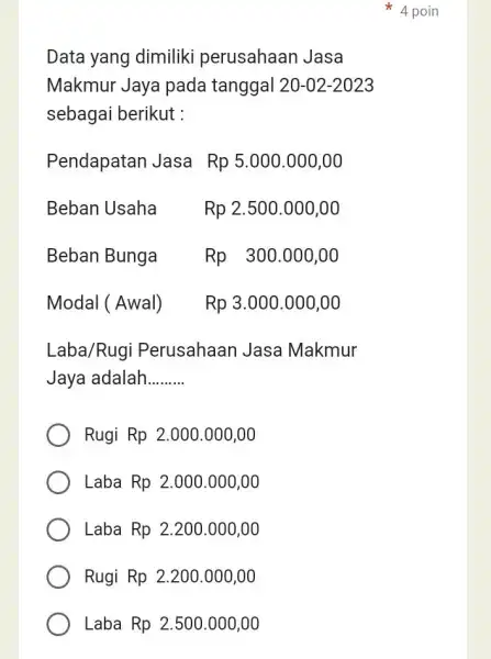 Data yang dimiliki perusahaan Jasa Makmur Jaya pada tanggal 20-02-2023 sebagai berikut : Pendapatan Jasa Rp5.000.000,00 Beban Usaha Rp2.500.000,00 Beban Bunga Rp 300.000,00 Modal