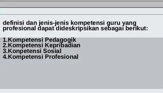 definisi dan jenis-jenis kompetensi guru yang profesional dapat dideskripsikan sebagai berikut: 1.Kompetensi Pedagogik 2.Kompetensi Keprib adian 3.Konp etensi Sosial 4.Kompetensi Profesional