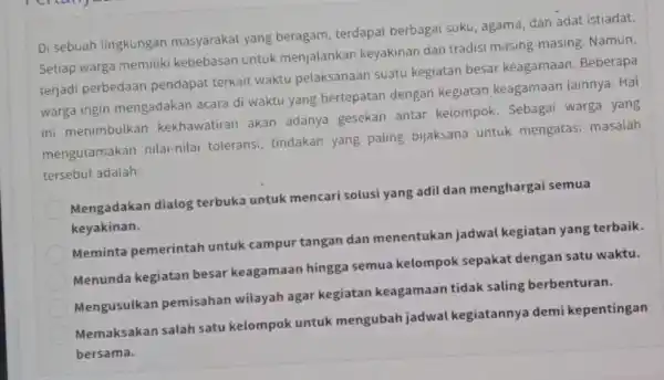 Di sebuah lingkungan masyarakat yang beragam, terdapat berbagai suku, agama dan adat istiadat. Setiap warga memiliki kebebasan untuk menjalankan keyakinan dan tradisi masing masing.