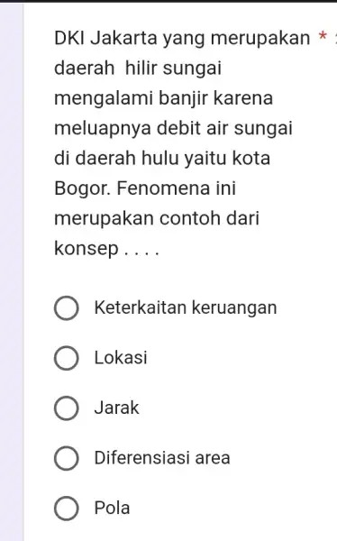 DKI Jakarta yang merupakan daerah hilir sungai mengalami banjir karena meluapnya debit air sungai di daerah hulu yaitu kota Bogor . Fenomena ini merupakar