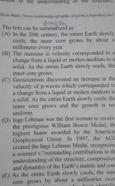 duolls to the understanding of the structure, from https://www nationalgeographic org/encyclopedia/corel The text can be summarized as (A) In the 20th century, the entire