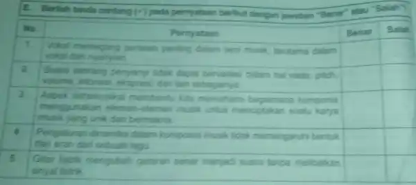 E Berilah tanda centang (4) pada permyataan berikut dengan jawaban "Benar" atau Salah square square square square square square square square square square