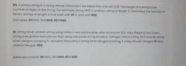 EN: A binary string is a string whose characters are taken from the set 0,1 The length of a string is the number of