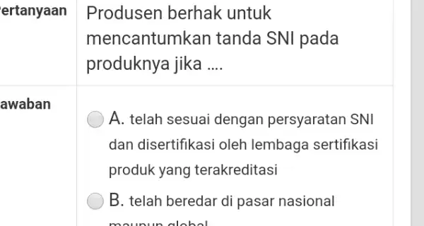 ertanyaan awaban Produsen berhak untuk mencantumkan tanda SNI pada produknya jika __ A. telah sesuai dengan persyaratan SNI dan disertifikasi oleh lembaga sertifikasi produk