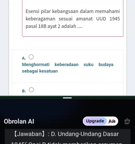 Esensi pilar kebangsaan dalam memahami keberagaman sesuai amanat UUD 1945 pasal 18B ayat 2 adalah __ A. Menghormati keberadaan suku budaya sebagai kesatuan B.